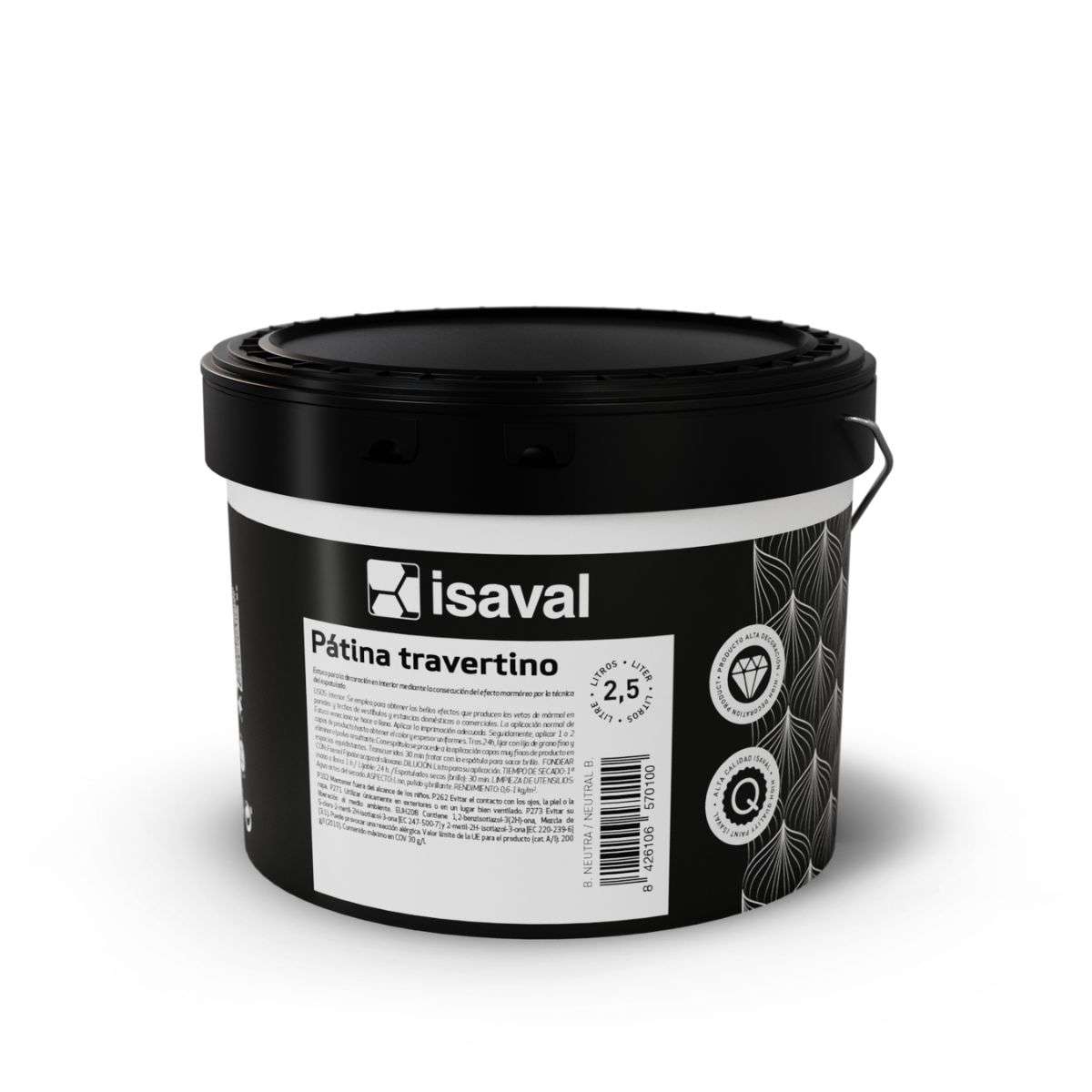 Envase del producto Pátina Travertino de Pinturas Isaval Perú.