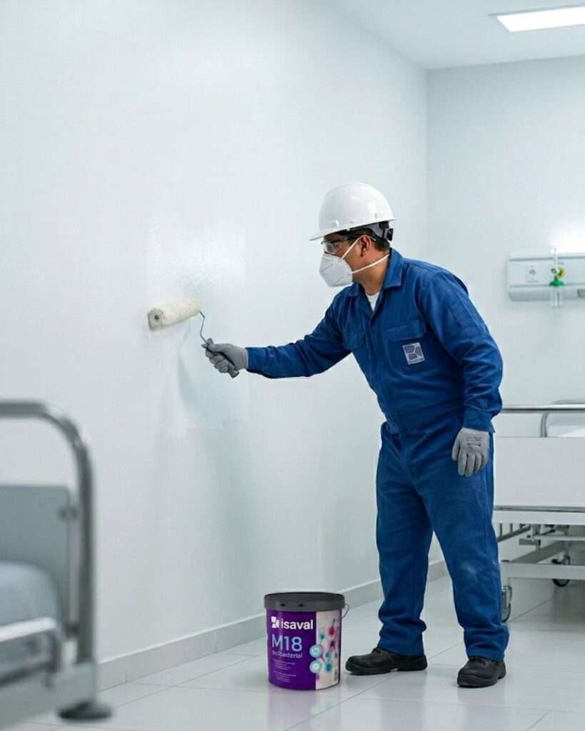 Pintor peruano utilizando M18 antibacterial para pintar un hospital. El látex antibacterial de pinturas isaval es muy rendidor